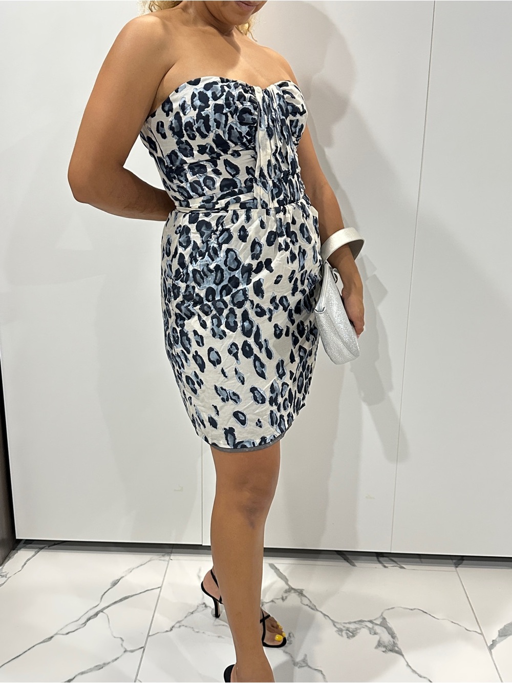 charlie jade Strapless Leopard-Print Mini Dress in White and Navy